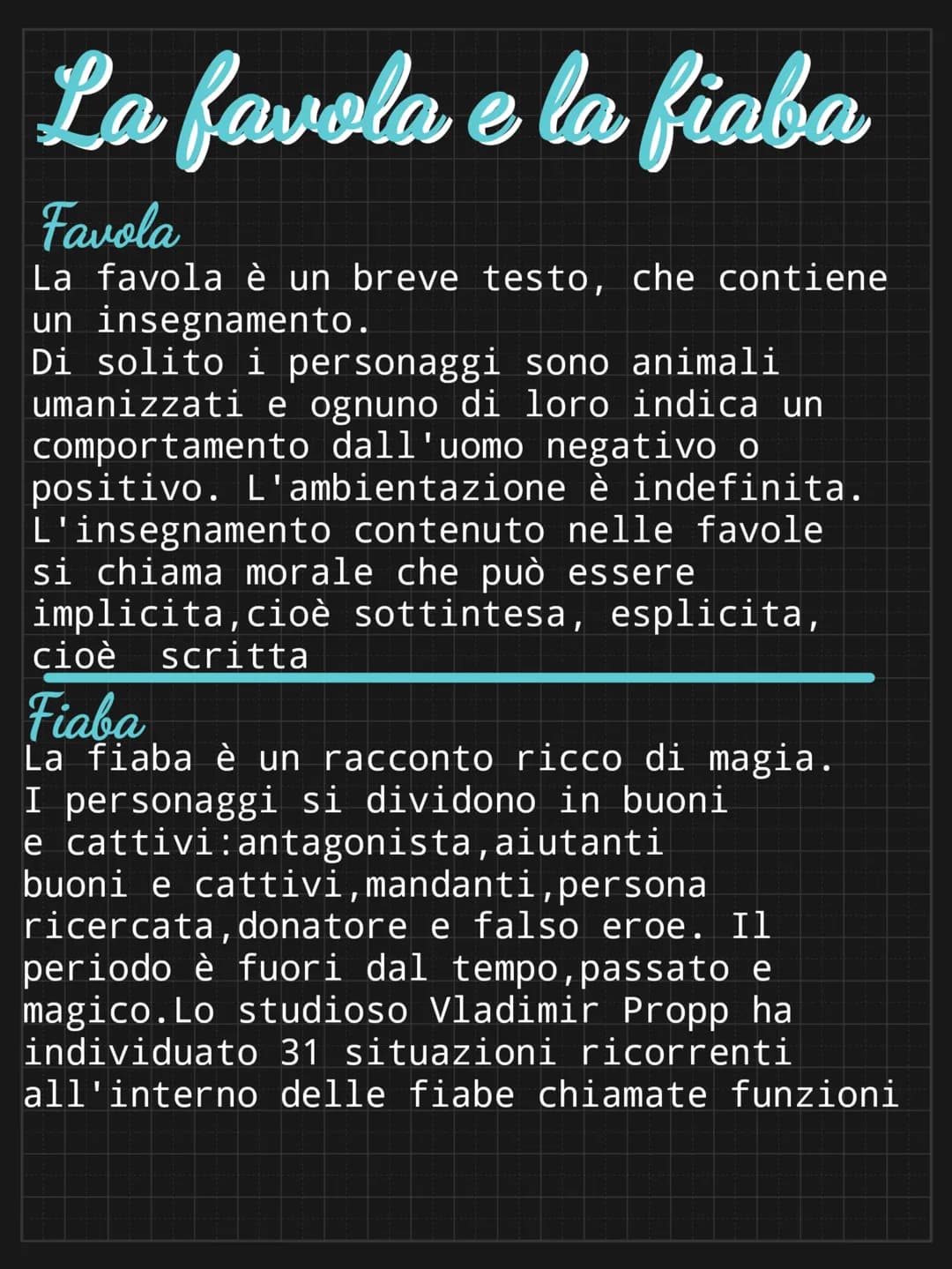 La favola e la fiaba
Favola
La favola è un breve testo, che contiene
un insegnamento.
Di solito i personaggi sono animali
umanizzati e ognun