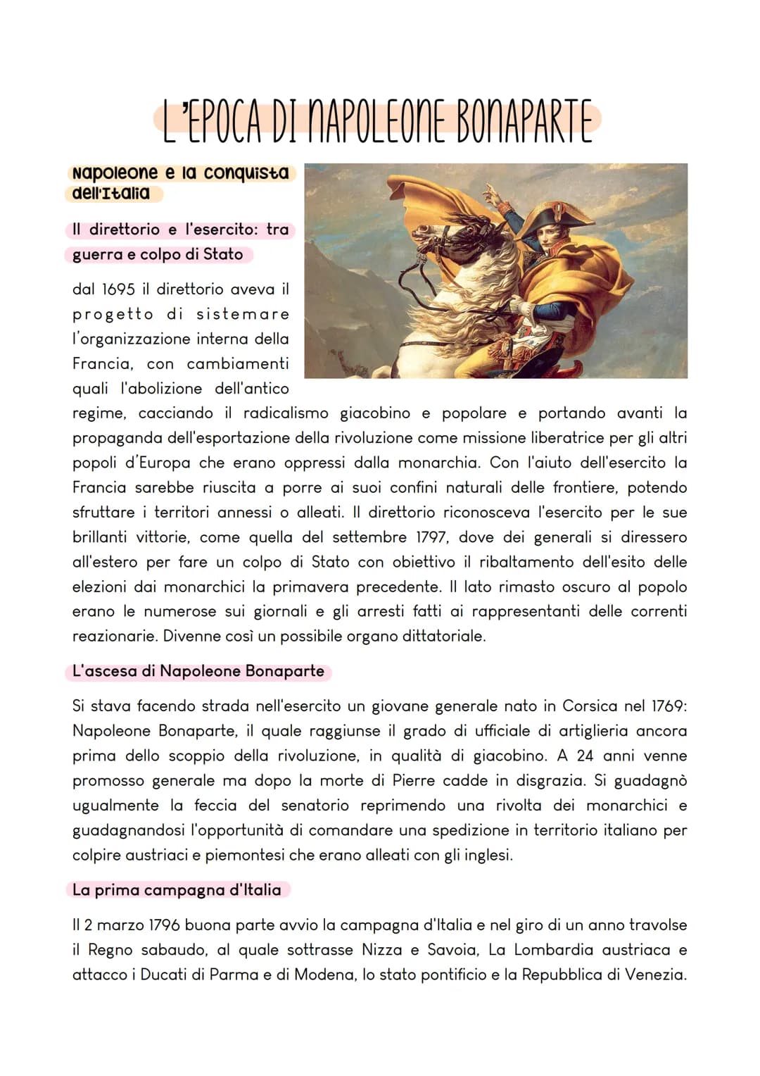 L'EPOCA DI NAPOLEONE BONAPARTE
Napoleone e la conquista
dell'Italia
Il direttorio e l'esercito: tra
guerra e colpo di Stato
dal 1695 il dire
