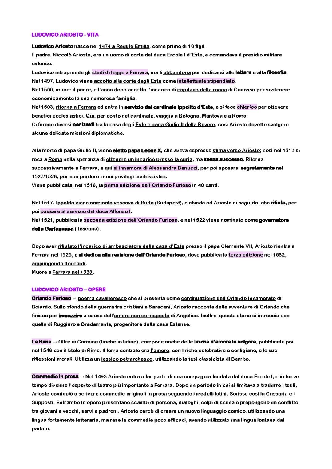 Ludovico Ariosto: Vita, Opere e Orlando Furioso