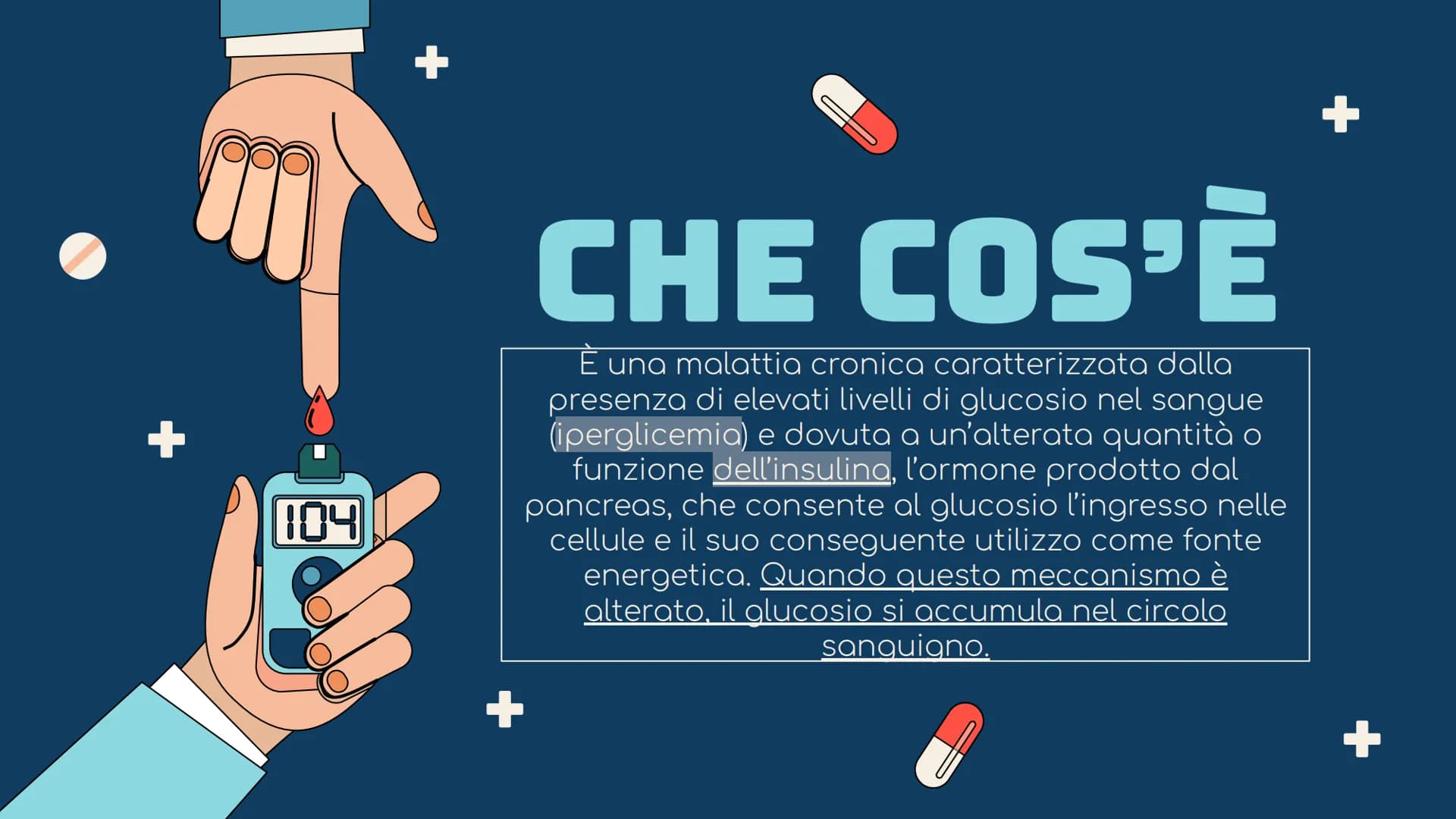 TIL
IL DIABETE
00
00
00 104
+
CHE COS'È
E una malattia cronica caratterizzata dalla
presenza di elevati livelli di glucosio nel sangue
(iper