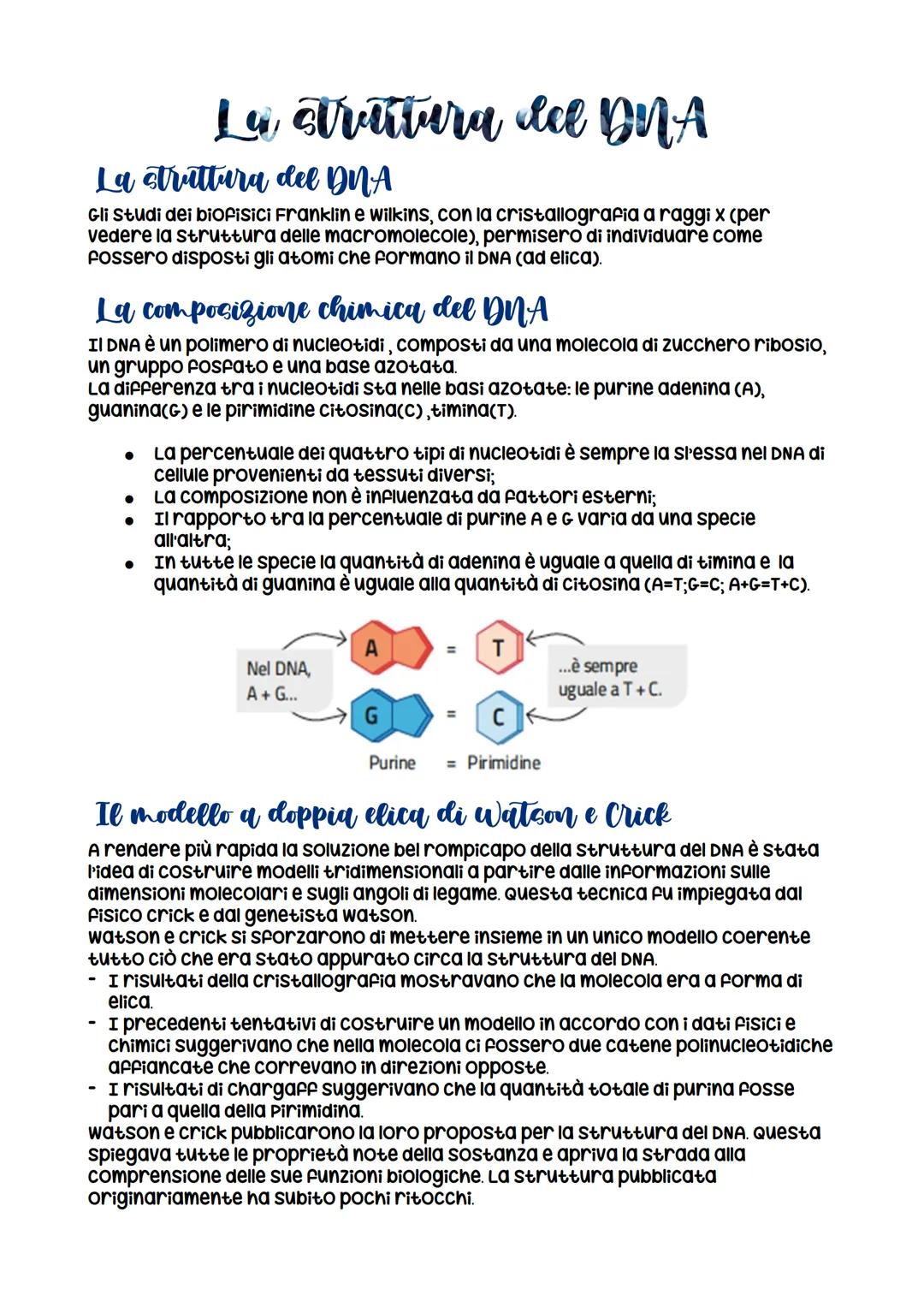 La struttura del DNA
La struttura del DNA
Gli Studi dei biofisici Franklin e wilkins, con la cristallografia a raggi x (per
vedere la strutt