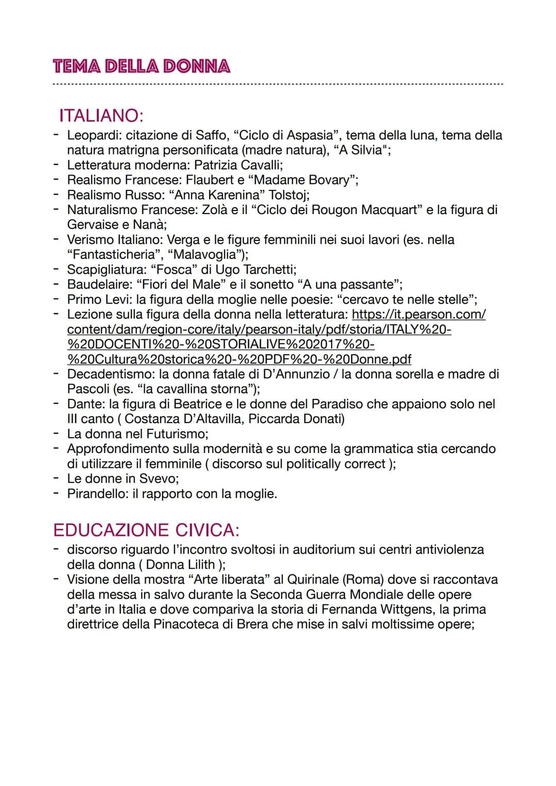 TEMA DELLA DONNA
-
I
-
ITALIANO:
Leopardi: citazione di Saffo, "Ciclo di Aspasia", tema della luna, tema della
natura matrigna personificata
