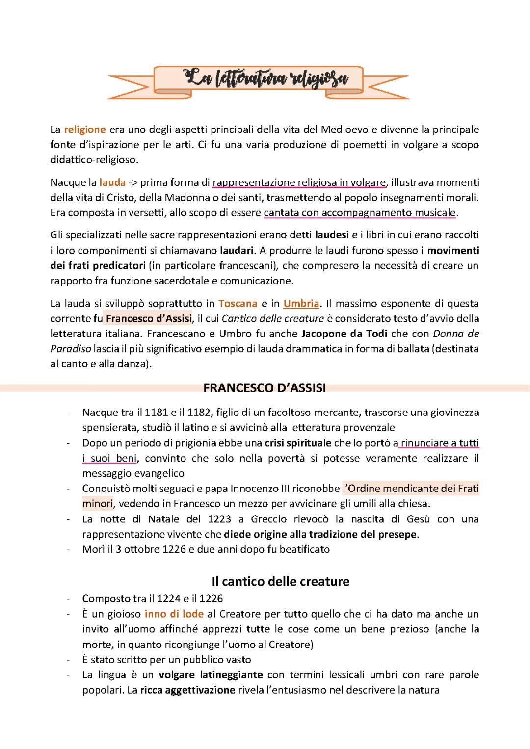 La letteratura religiosa-FRANCESCO D’ASSISI e JACOPONE DA TODI
