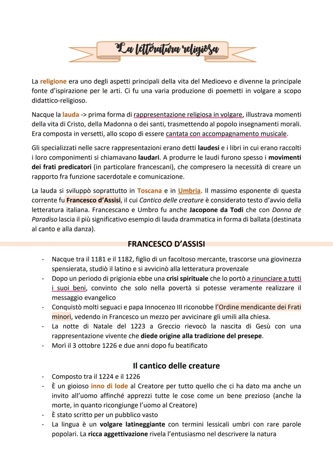 La letteratura religiosa
La religione era uno degli aspetti principali della vita del Medioevo e divenne la principale
fonte d'ispirazione p