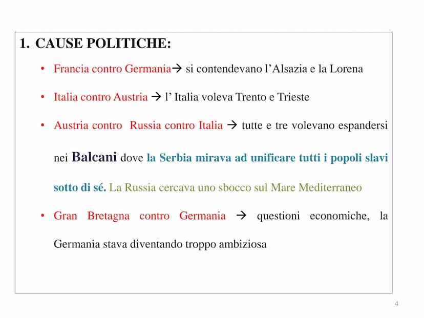 La prima
Guerra Mondiale
Das europäische Gleichgewicht 1914
1 POLITICHE
MILITARI
CAUSE
REMOTE
CAUSA
PROSSIMA
CULTURALE
ECONOMICHE
ASSASSINIO