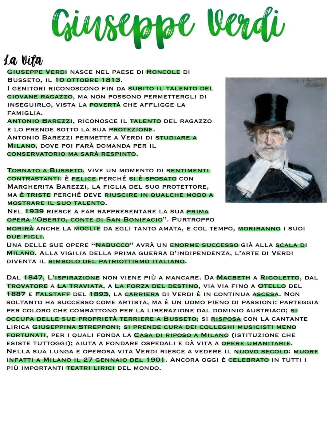 Giuseppe Verdi
La Vita
GIUSEPPE VERDI NASCE NEL PAESE DI RONCOLE DI
BUSSETO, IL 10 OTTOBRE 1813.
I GENITORI RICONOSCONO FIN DA SUBITO IL TAL