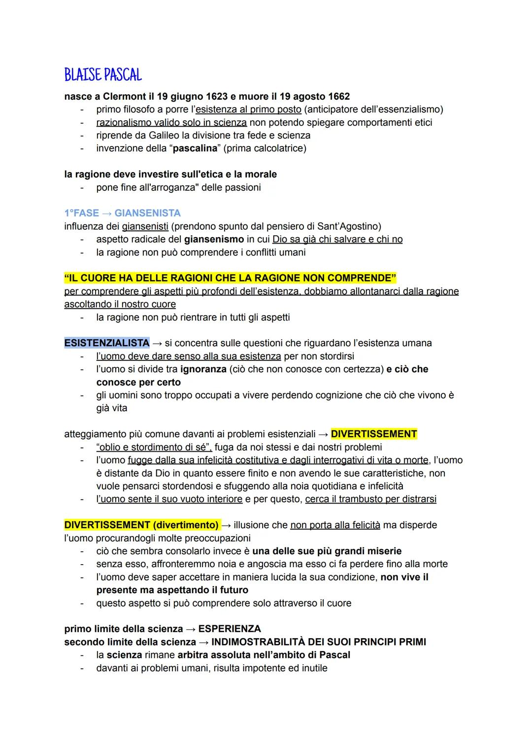 BLAISE PASCAL
nasce a Clermont il 19 giugno 1623 e muore il 19 agosto 1662
- primo filosofo a porre l'esistenza al primo posto (anticipatore