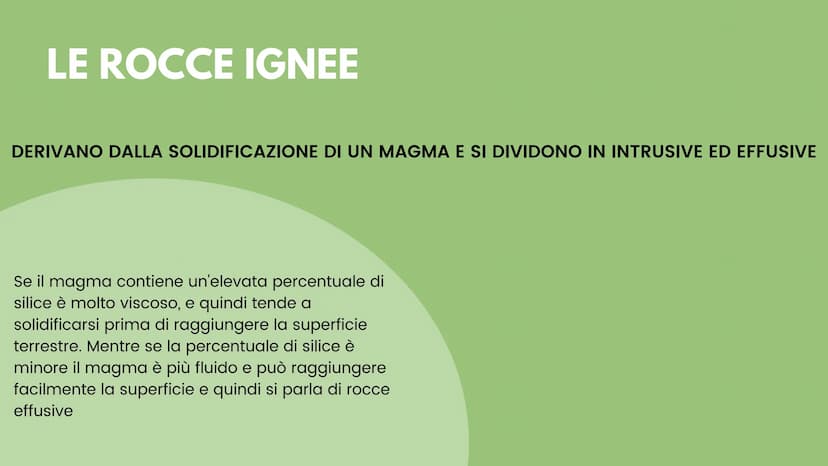 LE ROCCE CLASSIFICAZIONE ROCCE
ROCCE IGNEE
derivano dalla solidificazione
del magma
• se il raffreddamento avviene
all'intero sono intrusive