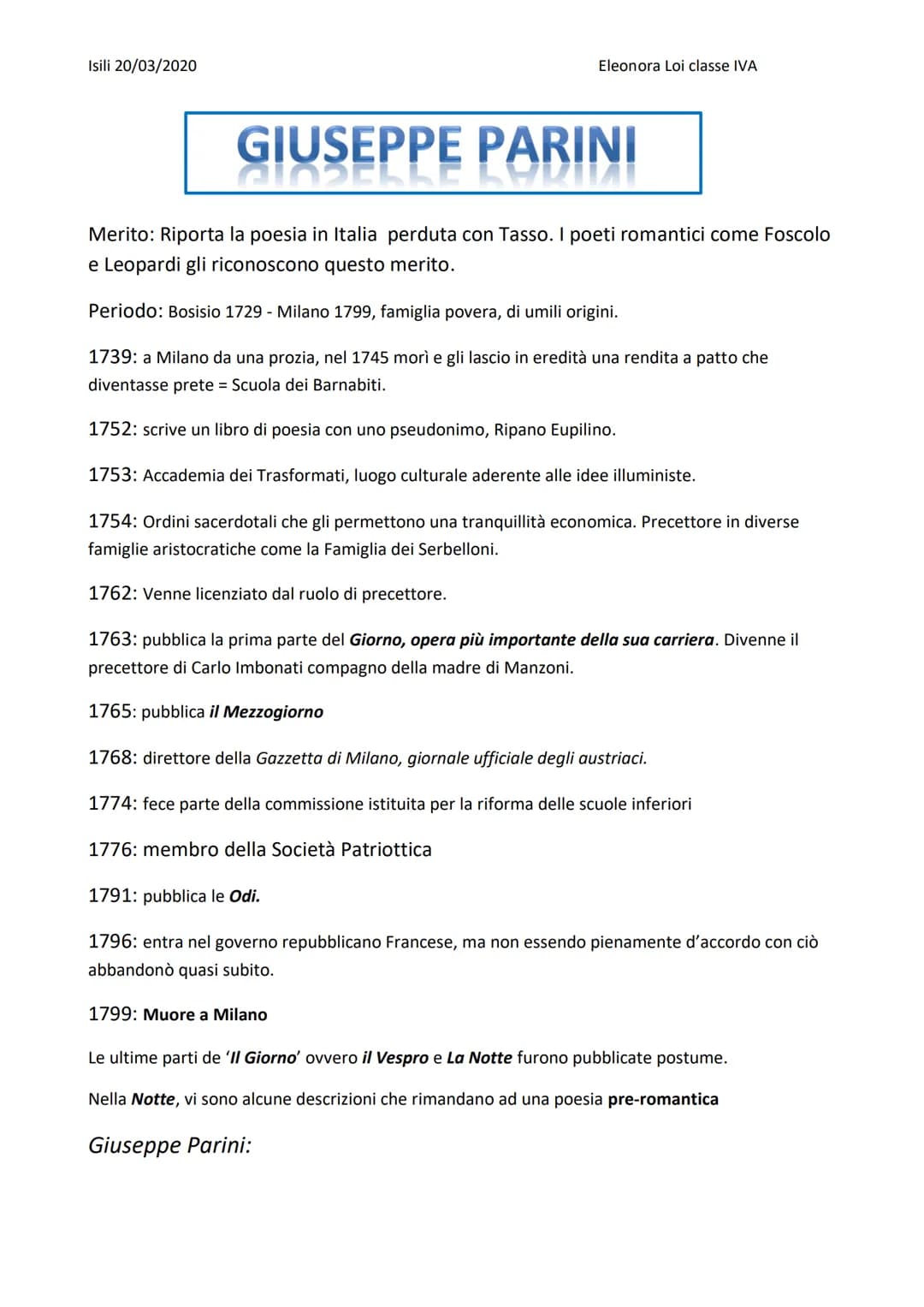 Isili 20/03/2020
Eleonora Loi classe IVA
L'ILLUMINISMO
Periodo: 1700 definito anche Secolo dei lumi, caratterizzato dall'uso della Ragione.
