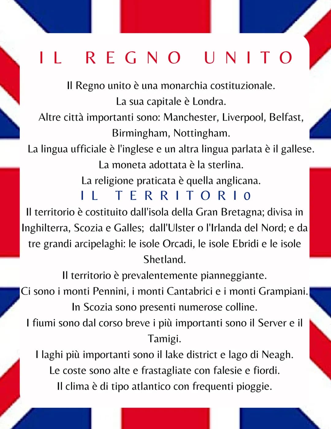 IL REGNO UNITO
Il Regno unito è una monarchia costituzionale.
La sua capitale è Londra.
Altre città importanti sono: Manchester, Liverpool, 