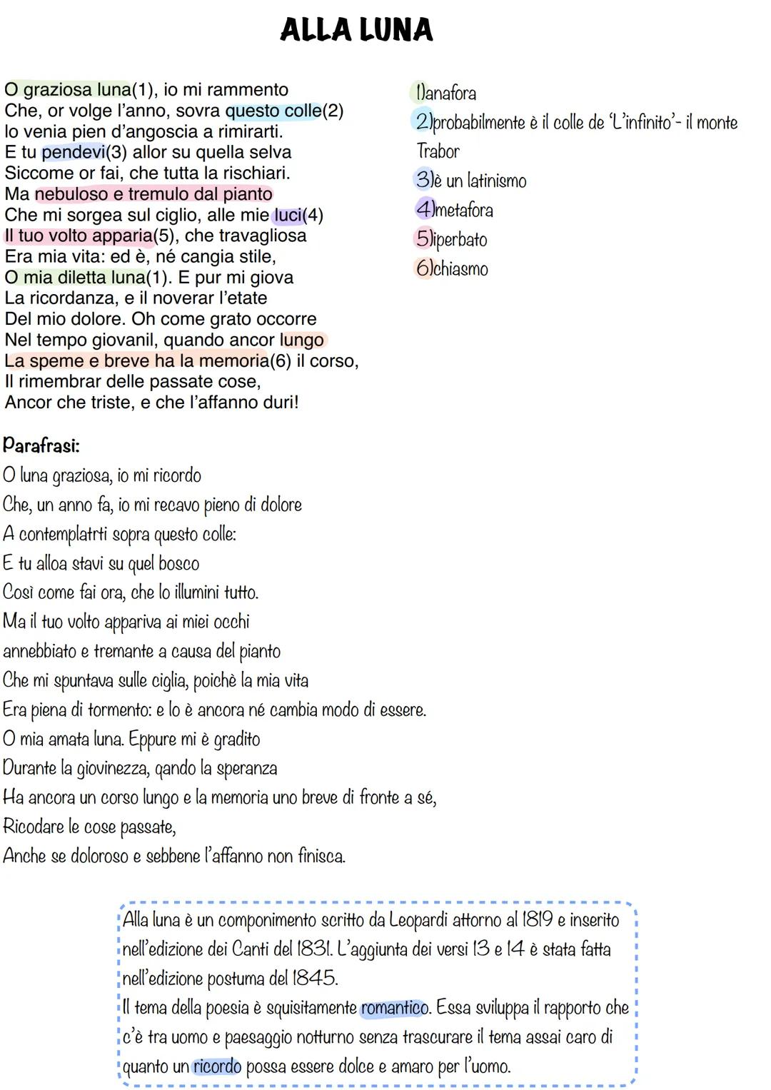 L'INFINITO
Sempre caro(1) mi fu quest'ermo colle(2),
E questa siepe, che da tante parte
Dell'ultimo orizzonte il guardo esclude(3).
Ma seden