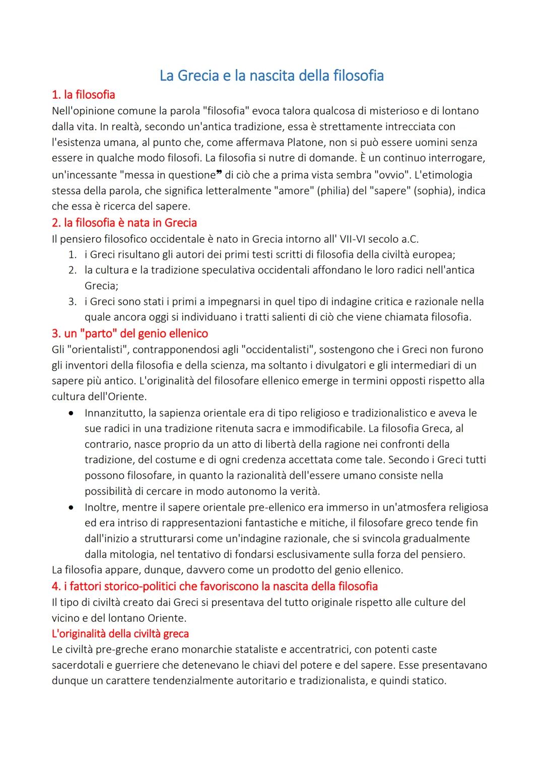 1. la filosofia
La Grecia e la nascita della filosofia
Nell'opinione comune la parola "filosofia" evoca talora qualcosa di misterioso e di l