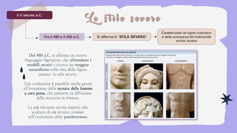 
<h2 id="lecaratteristichedellostilesevero">Le caratteristiche dello stile severo</h2>
<p>Nel V secolo a.C., tra il 480 e il 450 a.C., si af
