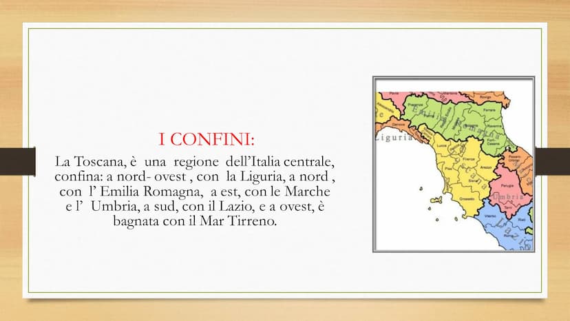 LA TOSCANA
Autore: Cimmino Alessio. I CONFINI:
La Toscana, è una regione dell'Italia centrale,
confina: a nord-ovest, con la Liguria, a nord