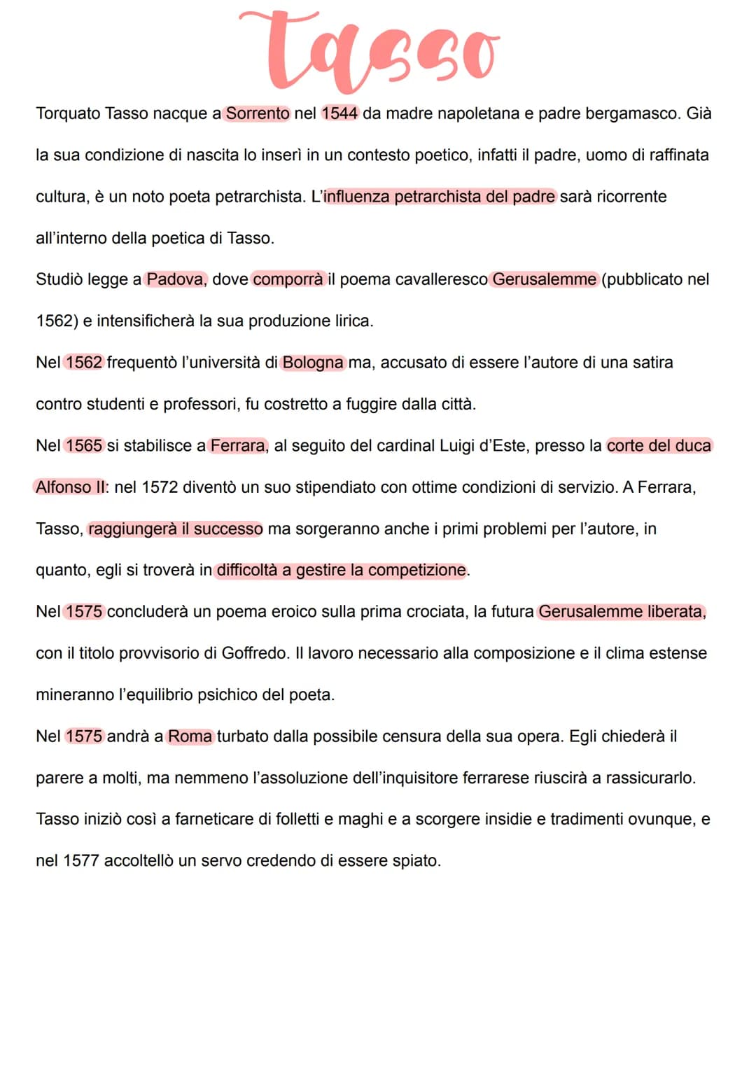 Tasso
Torquato Tasso nacque a Sorrento nel 1544 da madre napoletana e padre bergamasco. Già
la sua condizione di nascita lo inserì in un con