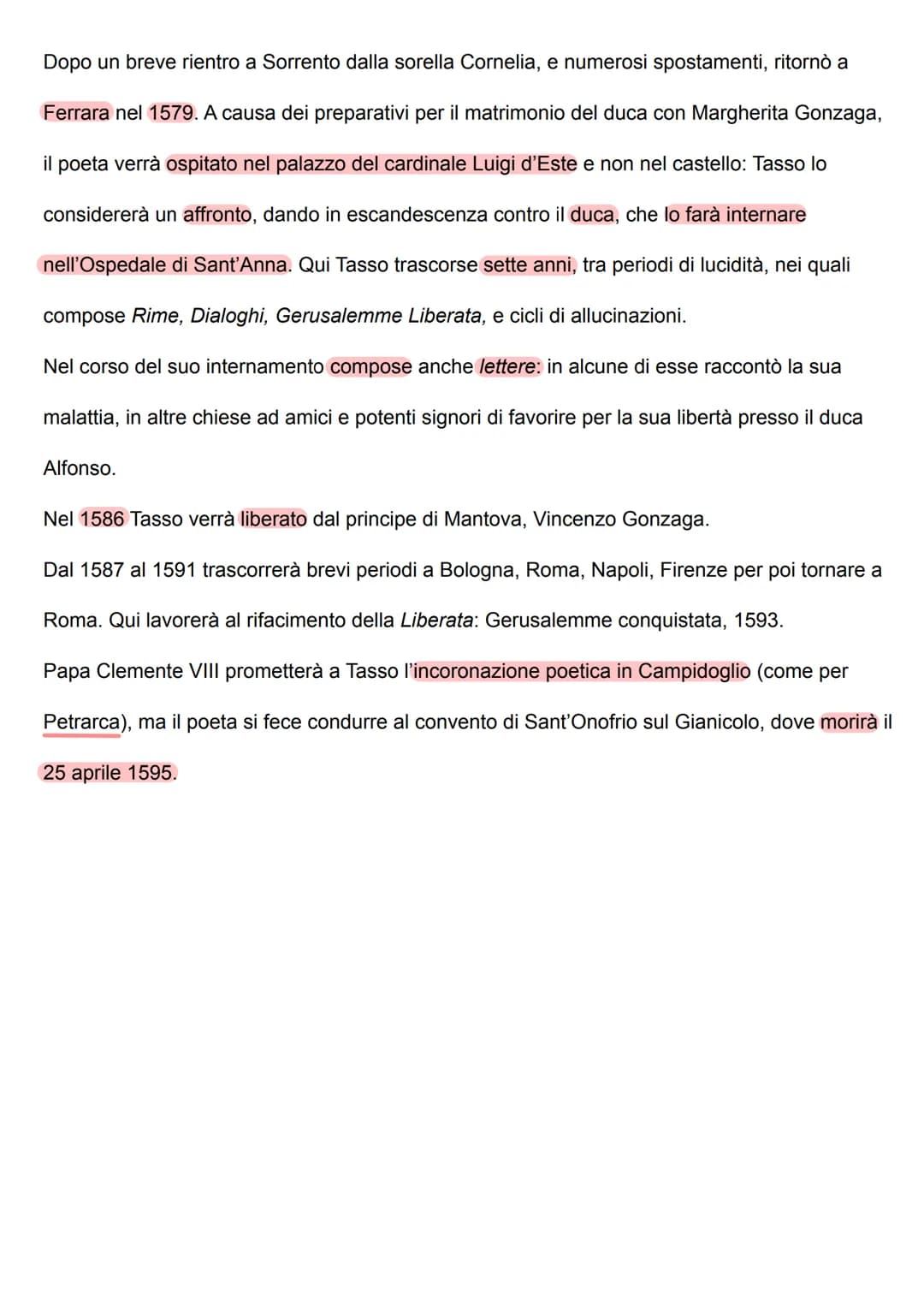 Tasso
Torquato Tasso nacque a Sorrento nel 1544 da madre napoletana e padre bergamasco. Già
la sua condizione di nascita lo inserì in un con