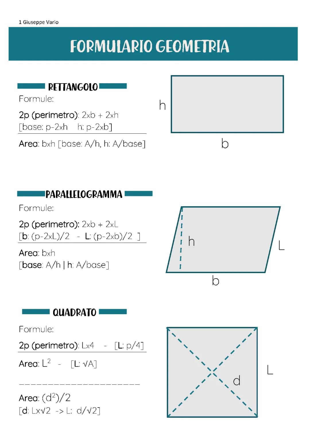 Geometria Facile PDF: Formule Rettangolo e Teorema di Pitagora per la Scuola Media