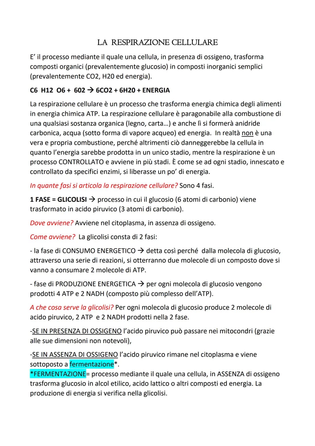 LA RESPIRAZIONE CELLULARE
E' il processo mediante il quale una cellula, in presenza di ossigeno, trasforma
composti organici (prevalentement