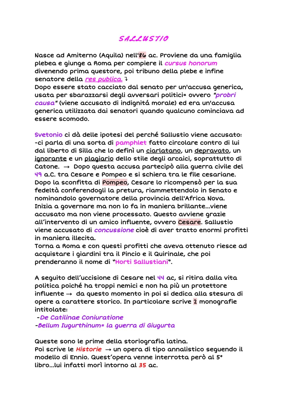 SALLUSTIO
Nasce ad Amiterno (Aquila) nell'86 ac. Proviene da una famiglia
plebea e giunge a Roma per compiere il cursus honorum
divenendo pr