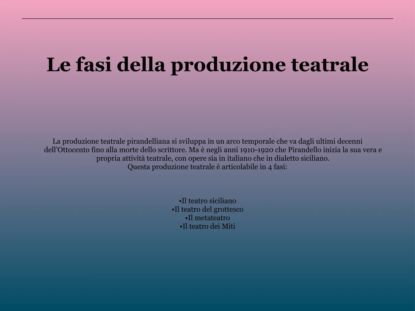 Il teatro di Pirandello
M Le fasi della produzione teatrale
La produzione teatrale pirandelliana si sviluppa in un arco temporale che va dag