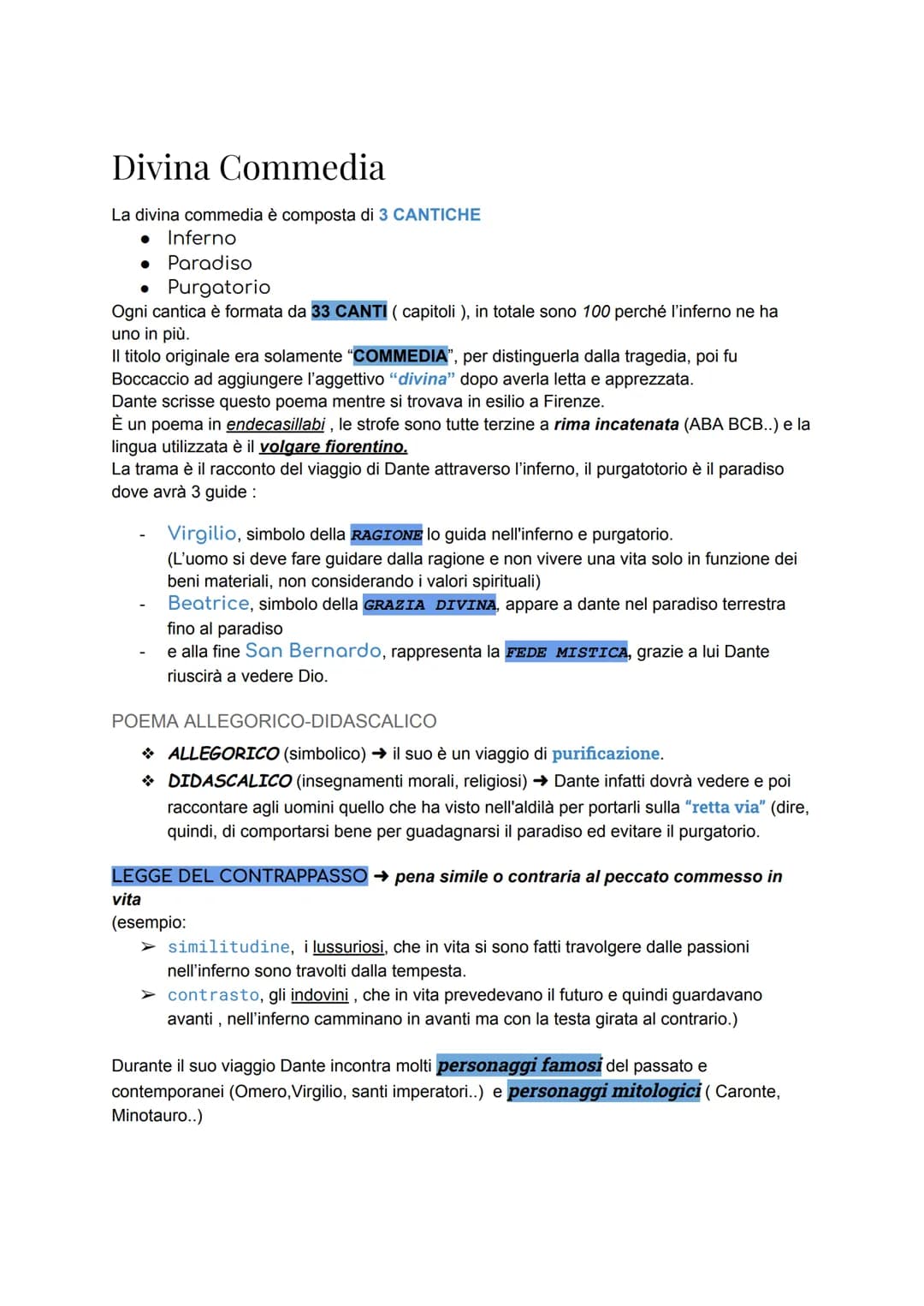Divina Commedia
La divina commedia è composta di 3 CANTICHE
● Inferno
Paradiso
Purgatorio
Ogni cantica è formata da 33 CANTI ( capitoli), in