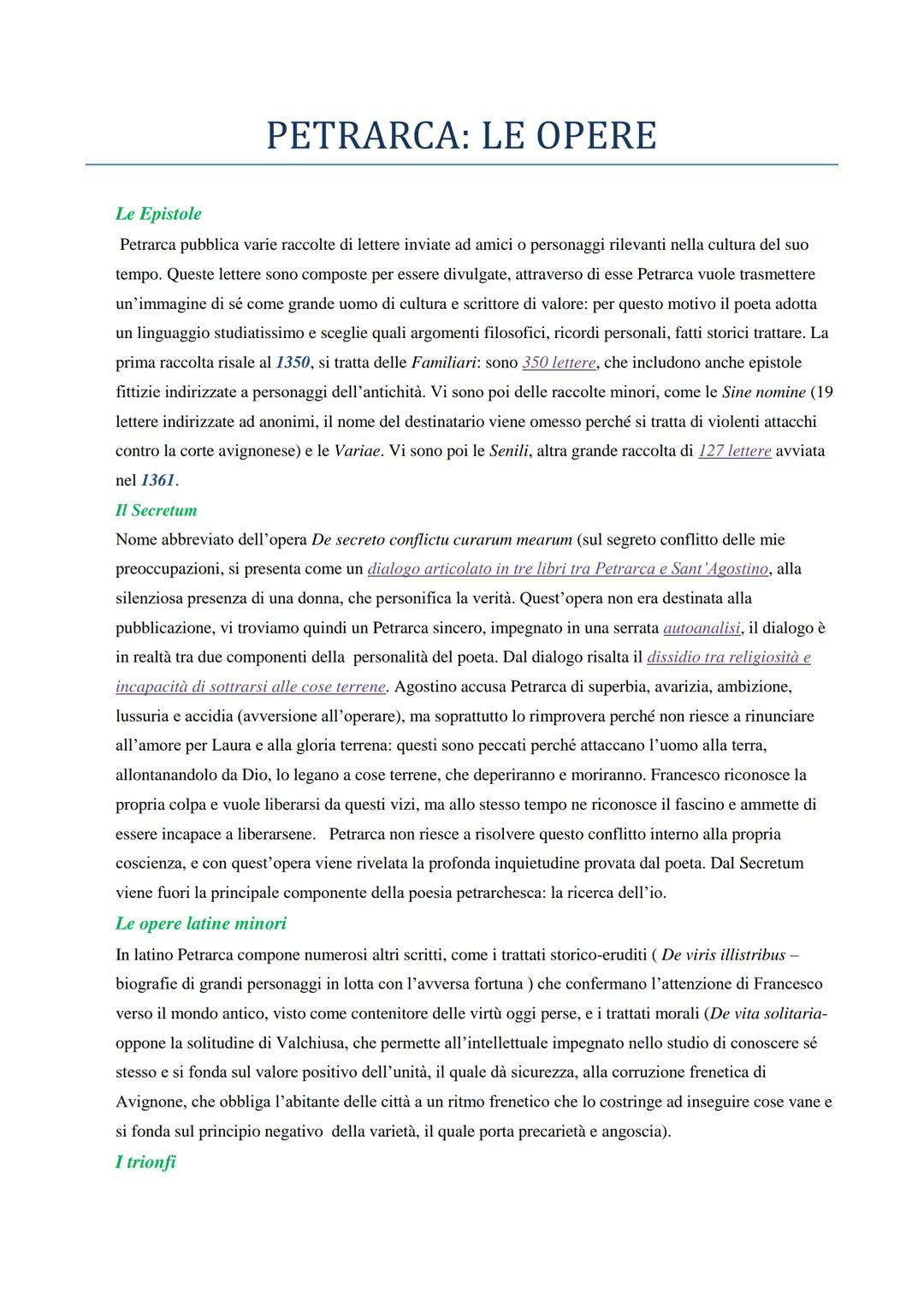 # PETRARCA: LE OPERE

Le Epistole

Petrarca pubblica varie raccolte di lettere inviate ad amici o personaggi rilevanti nella cultura del suo