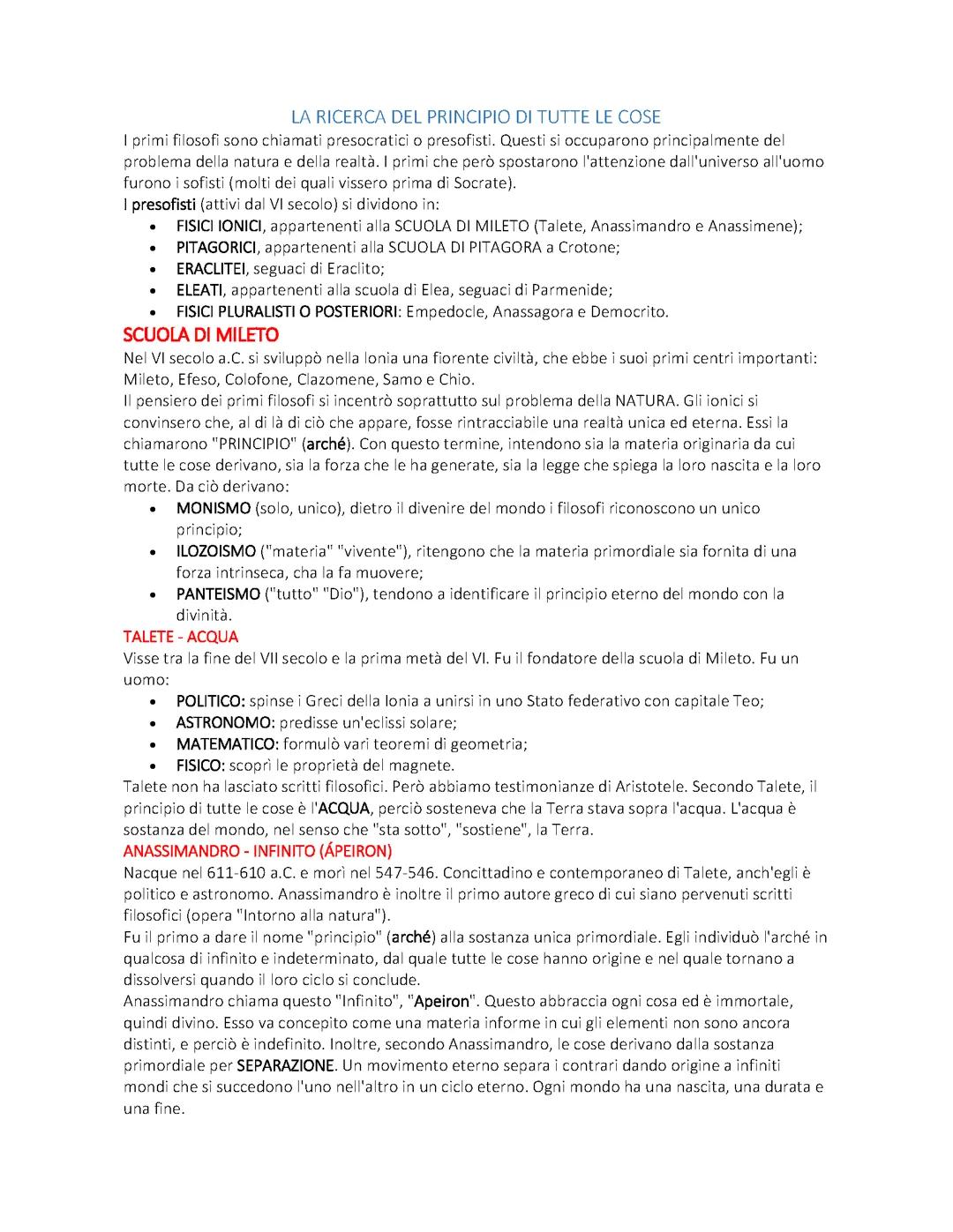 la ricerca del principio di tutte le cose