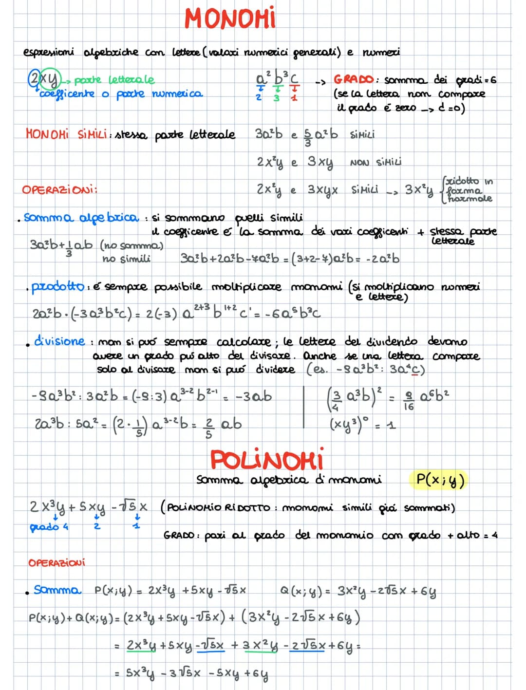 MONOHI
espressioni algebriche con lettere (valaxi numerici generali) e numeri
exy parte letterale
coefficente o parte numerica
HON OHI SIMIL