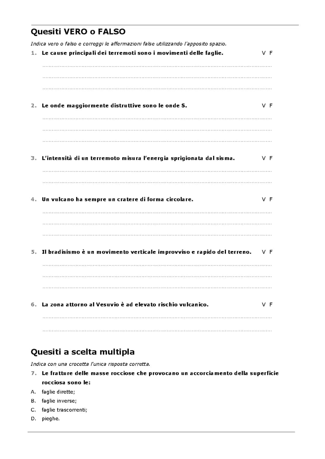 Verifica su Vulcani e Terremoti - PDF Scuola Media e Primaria