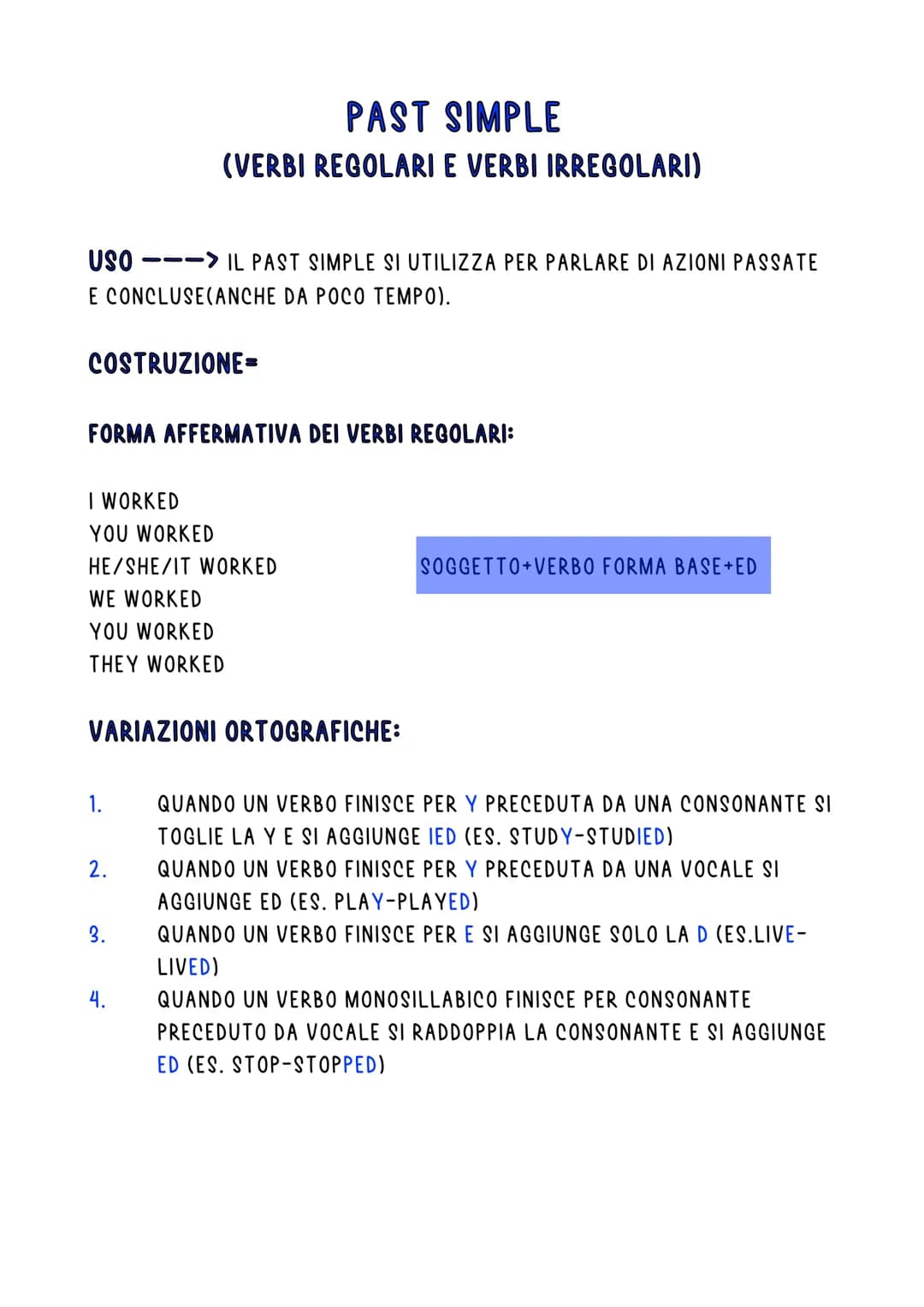 USO ---> IL PAST SIMPLE SI UTILIZZA PER PARLARE DI AZIONI PASSATE
E CONCLUSE(ANCHE DA POCO TEMPO).
COSTRUZIONE=
FORMA AFFERMATIVA DEI VERBI 