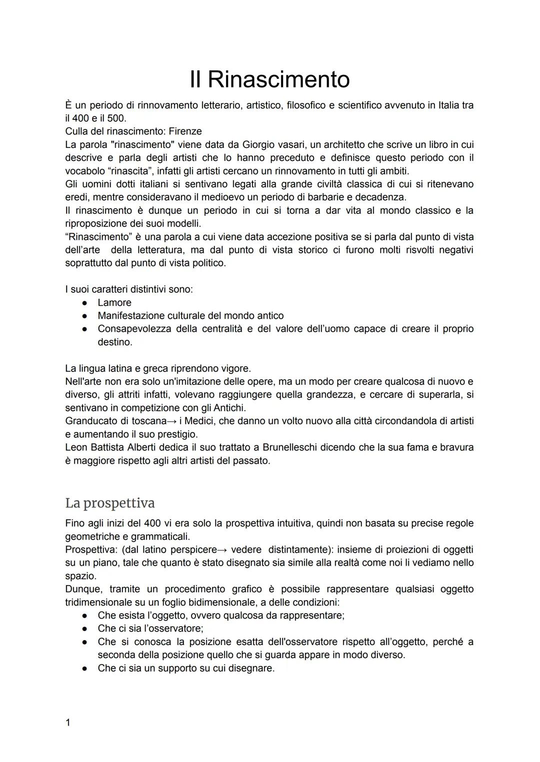Il Rinascimento
È un periodo di rinnovamento letterario, artistico, filosofico e scientifico avvenuto in Italia tra
il 400 e il 500.
Culla d