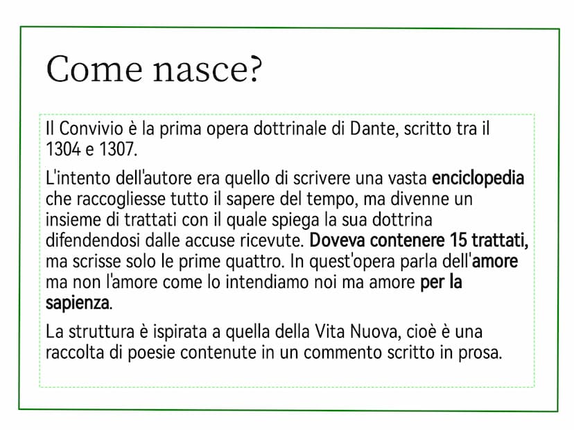 Convivio Come nasce?
Il Convivio è la prima opera dottrinale di Dante, scritto tra il
1304 e 1307.
L'intento dell'autore era quello di scriv