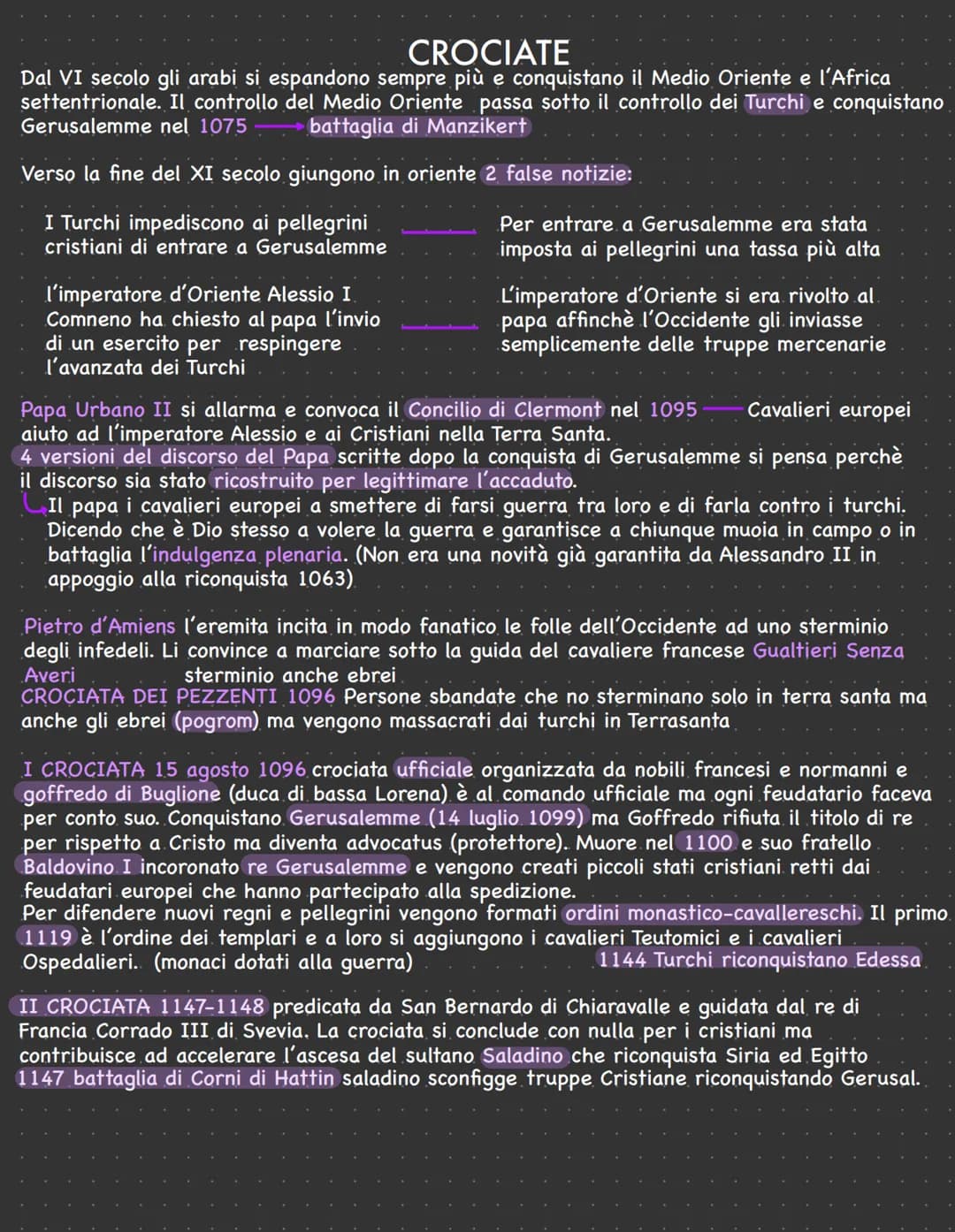 CROCIATE
Dal VI secolo gli arabi si espandono sempre più e conquistano il Medio Oriente e l'Africa
settentrionale. Il controllo del Medio Or