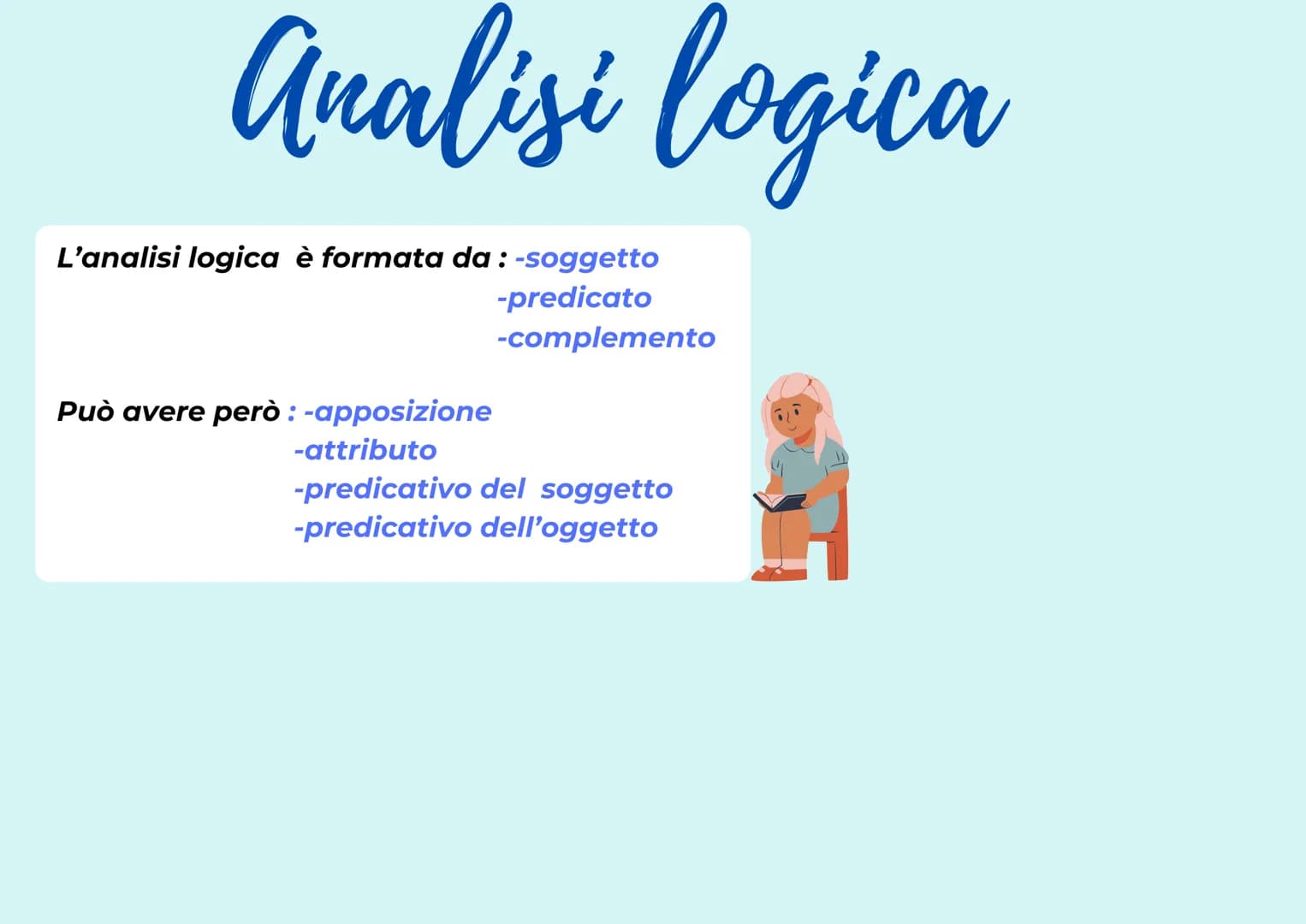 Analisi logica
L'analisi logica è formata da : -soggetto
-predicato
-complemento
Può avere però : -apposizione
-attributo
-predicativo del s
