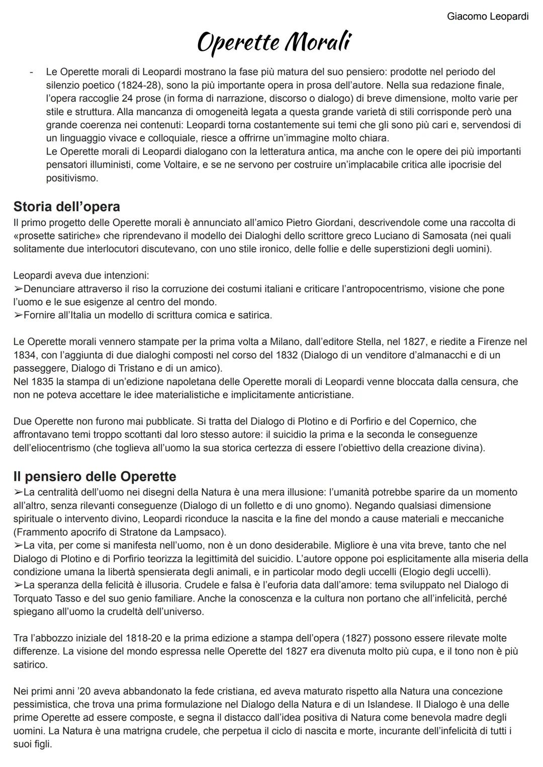 Giacomo Leopardi
Operette Morali
Le Operette morali di Leopardi mostrano la fase più matura del suo pensiero: prodotte nel periodo del
silen