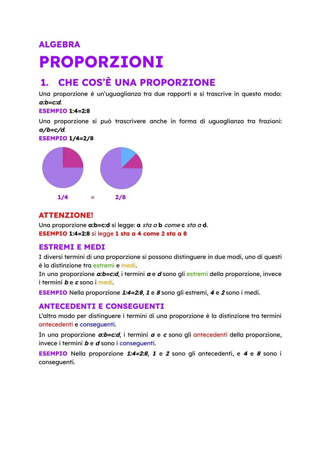 ALGEBRA
PROPORZIONI
1. CHE COS'È UNA PROPORZIONE
Una proporzione è un'uguaglianza tra due rapporti e si trascrive in questo modo:
a:b=c:d.
E