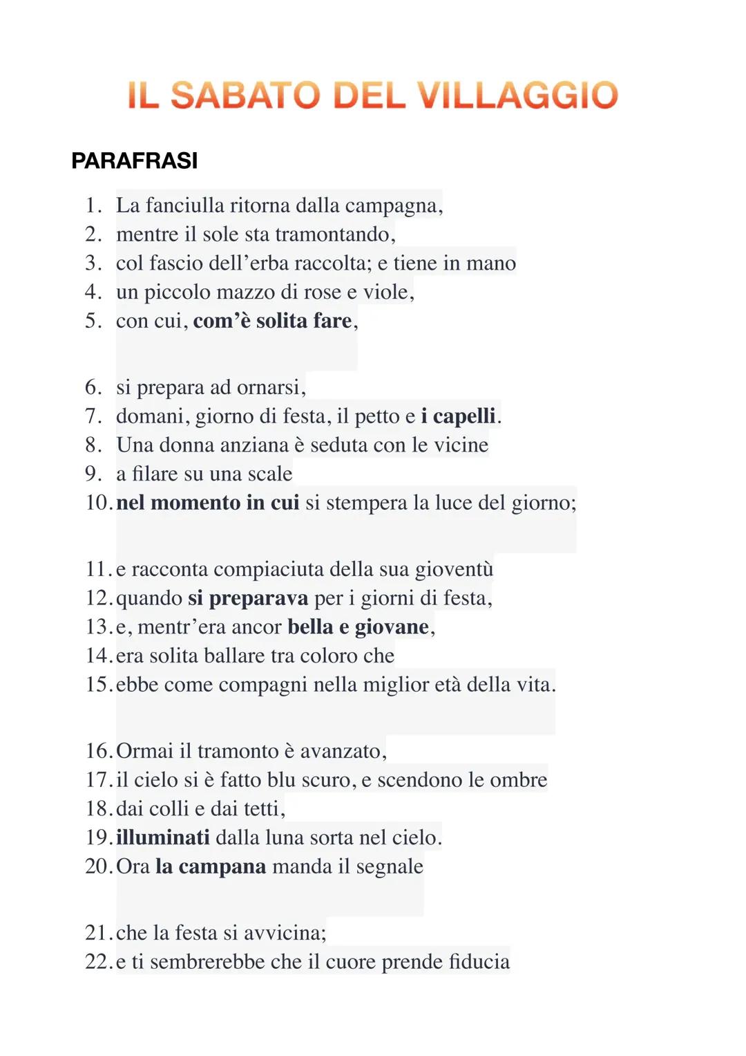 IL SABATO DEL VILLAGGIO DI GIACOMO LEOPARDI
