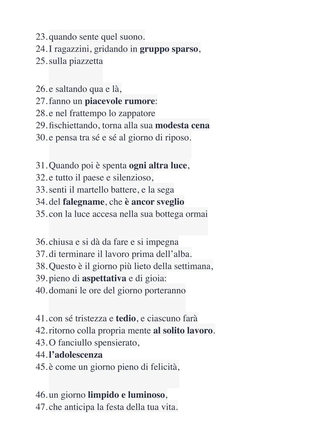 IL SABATO DEL VILLAGGIO
PARAFRASI
1. La fanciulla ritorna dalla campagna,
2. mentre il sole sta tramontando,
3. col fascio dell'erba raccolt