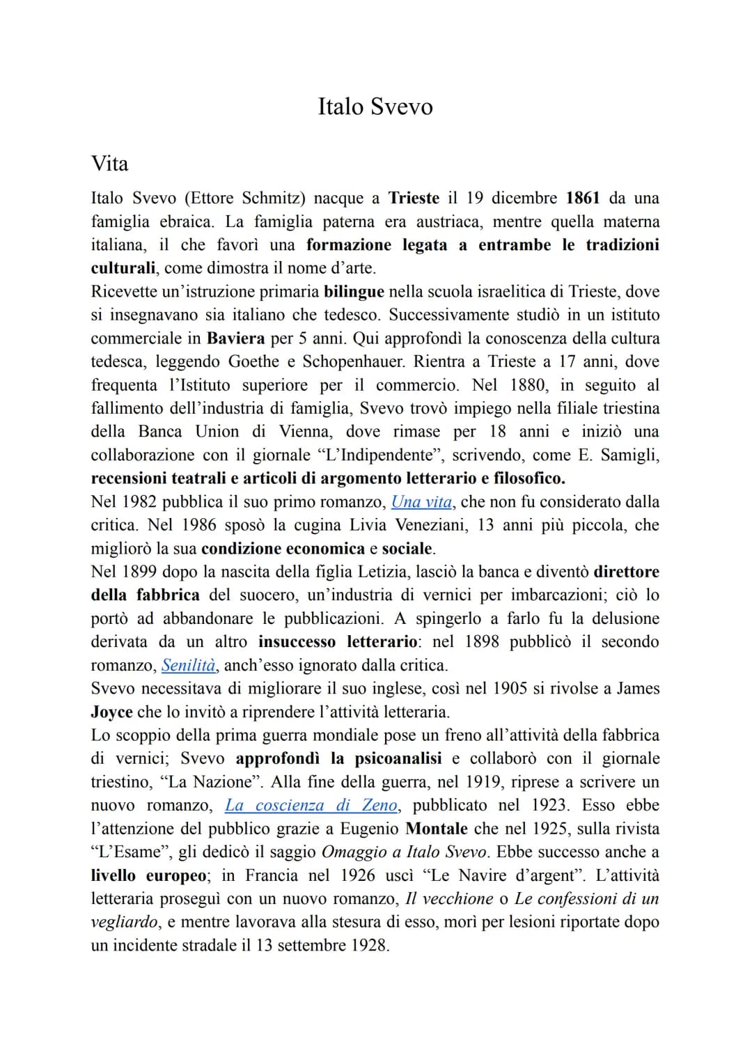 Italo Svevo
Vita
Italo Svevo (Ettore Schmitz) nacque a Trieste il 19 dicembre 1861 da una
famiglia ebraica. La famiglia paterna era austriac