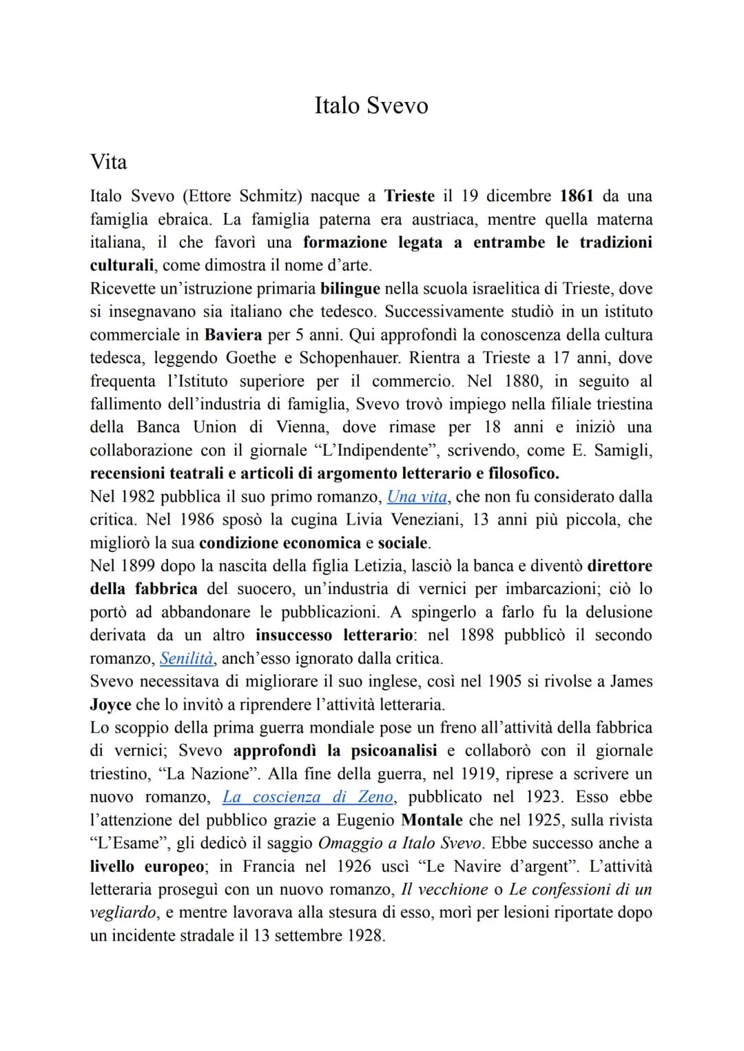 Italo Svevo
Vita
Italo Svevo (Ettore Schmitz) nacque a Trieste il 19 dicembre 1861 da una
famiglia ebraica. La famiglia paterna era austriac