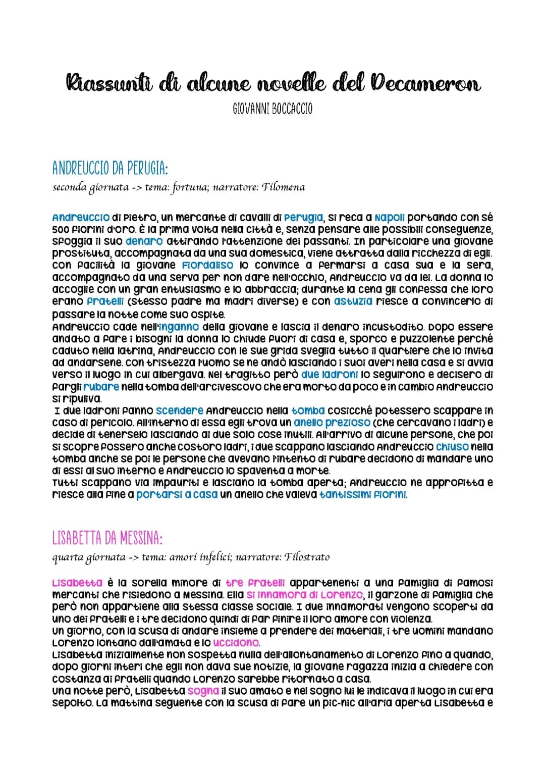 Novelle Decameron - Andreuccio da Perugia, Lisabetta da Messina e Federigo degli Alberighi