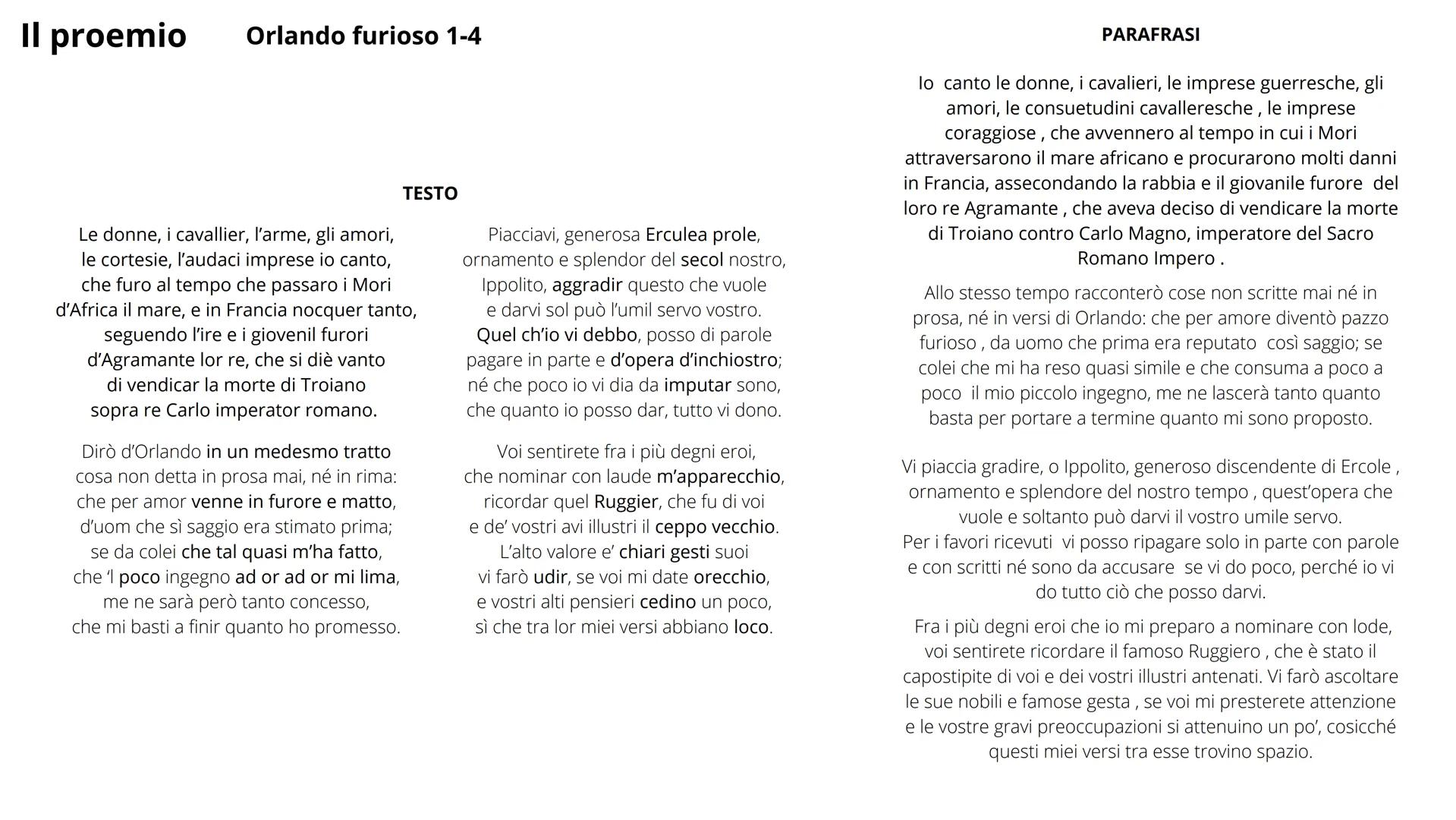 # Il proemio Orlando furioso 1-4

TESTO

Le donne, i cavallier, l'arme, gli amori,
le cortesie, l'audaci imprese io canto,
che furo al tempo