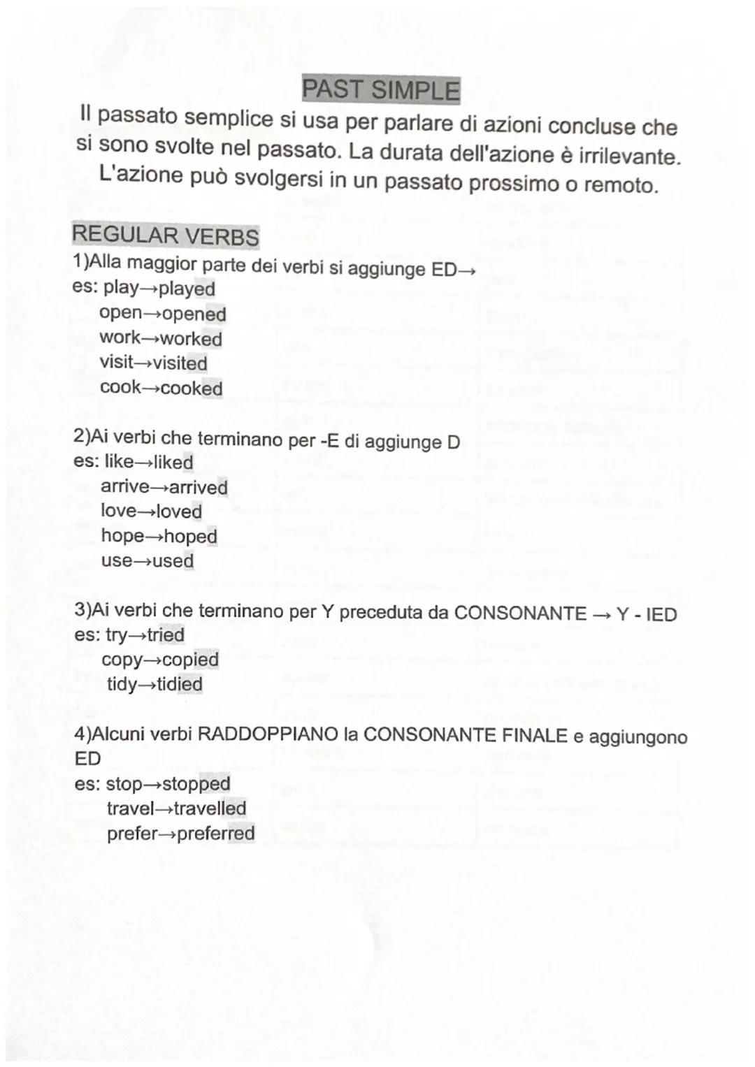 PAST SIMPLE
Il passato semplice si usa per parlare di azioni concluse che
si sono svolte nel passato. La durata dell'azione è irrilevante.
L