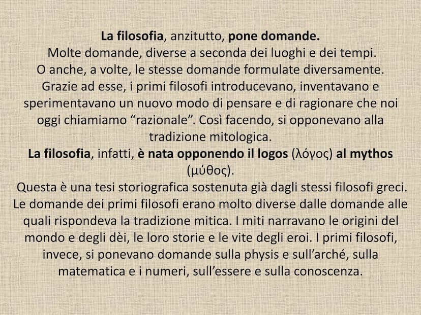FILOSOFIA
/fi-lo-so-fi-a/
in greco antico: pλooopía, philosophía,
composto di puλeiv (phileîn), "amare",
e oopía (sophía), "sapienza", ossia