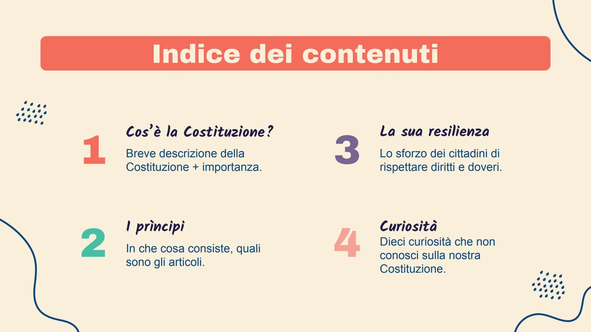 #
Nascita della
Costituzione Italiana
La Costituzione della Repubblica Italiana - cittadinanza.
HE
带 *
1
2
Indice dei contenuti
Cos'è la Cos