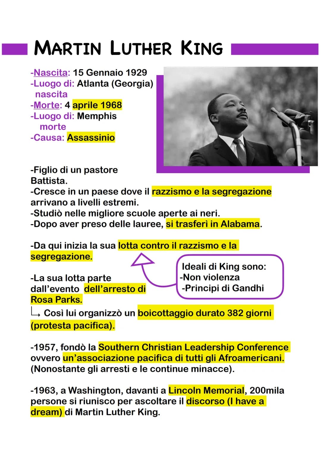 MARTIN LUTHER KING
-Nascita: 15 Gennaio 1929
-Luogo di: Atlanta (Georgia)
nascita
-Morte: 4 aprile 1968
-Luogo di: Memphis
morte
-Causa: Ass