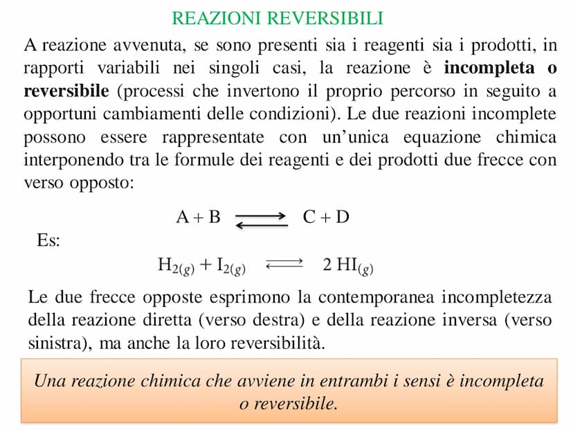 EQUILIBRIO CHIMICO REAZIONI IRREVERSIBILI
A reazione avvenuta, se nel sistema sono presenti solo i prodotti e le
concentrazioni dei reagenti
