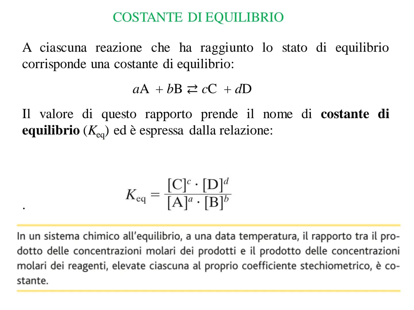 EQUILIBRIO CHIMICO REAZIONI IRREVERSIBILI
A reazione avvenuta, se nel sistema sono presenti solo i prodotti e le
concentrazioni dei reagenti