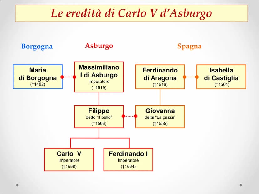 Carlo V
e la ripresa imperiale Le eredità di Carlo V d'Asburgo
Borgogna
Maria
di Borgogna
(†1482)
Asburgo
Massimiliano
I di Asburgo
Imperato