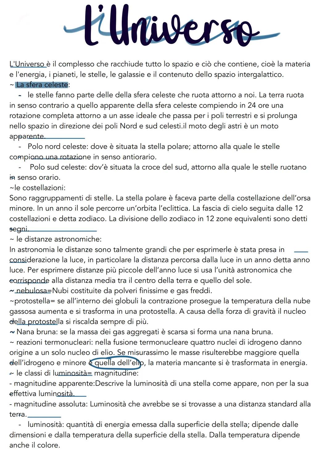 l'Universo
L'Universo è il complesso che racchiude tutto lo spazio e ciò che contiene, cioè la materia
e l'energia, i pianeti, le stelle, le